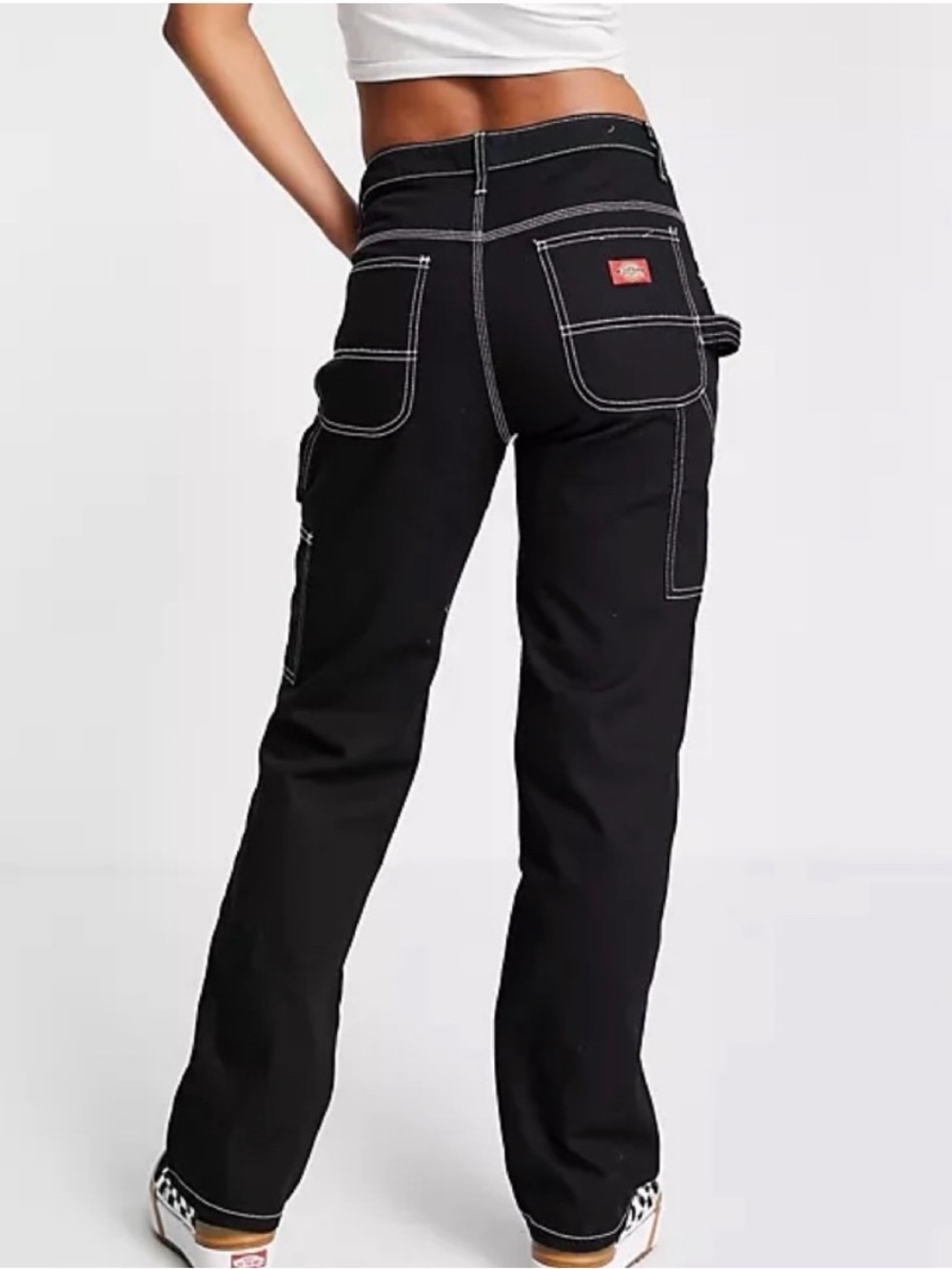 Dickies Black Carpenter Pants with White Stitching and Utility Pocket